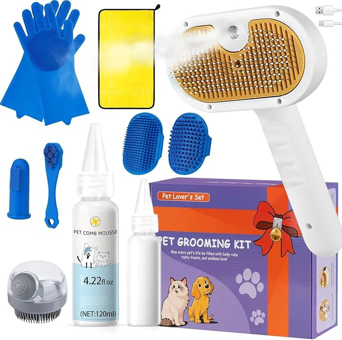 Genuine Pet Steam Brush Set for Dogs Cats Includes 3-in-1 Self Cleaning Spray Comb Innovative