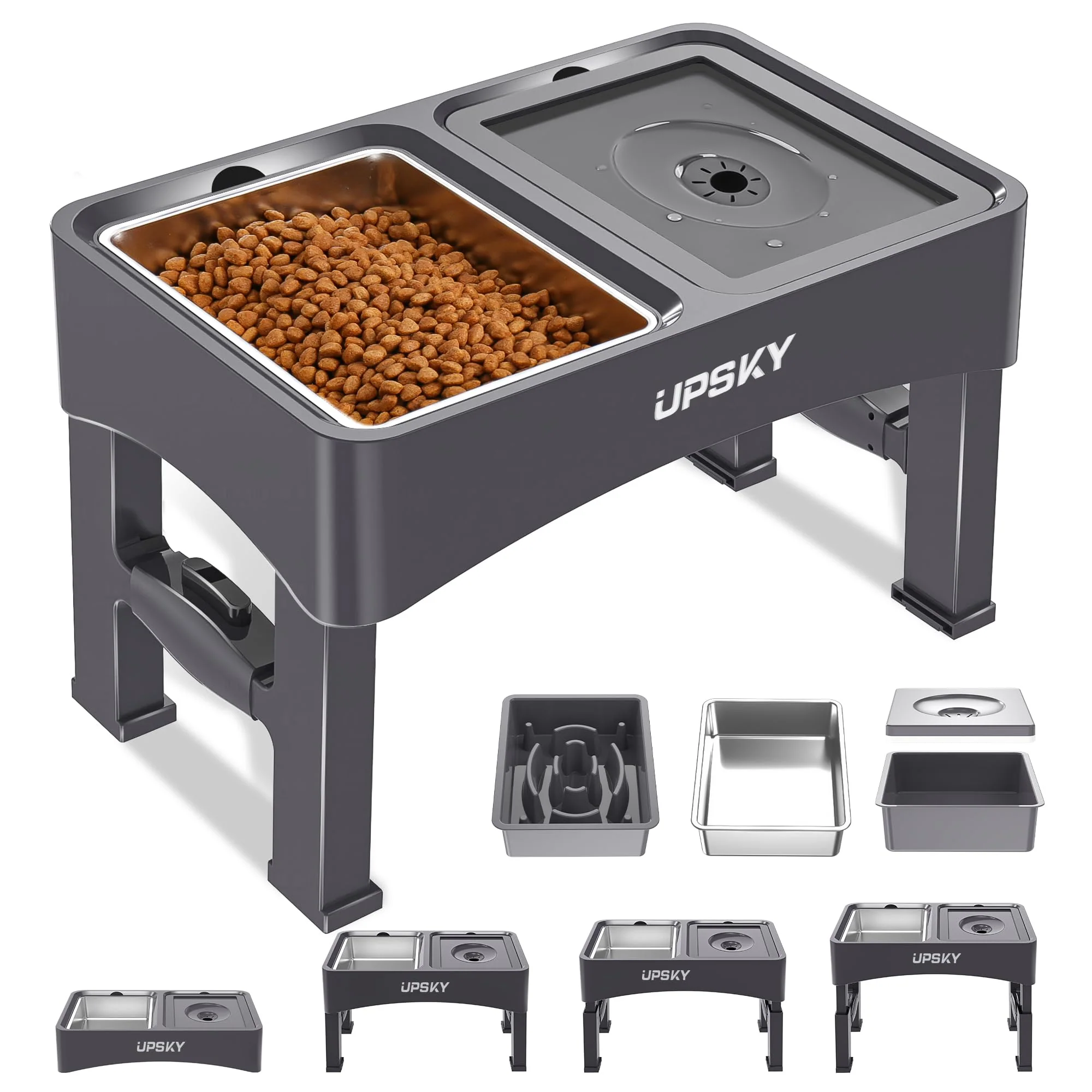 Unique UPSKY 3-in-1 d Dog Bowls Adjustable Stand No-Spill Water Slow Feeder Safe