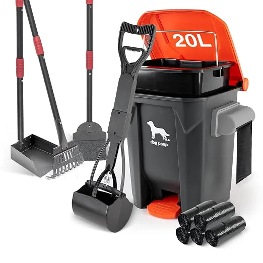 Premium Dog Pooper Scooper Long Handle Tray Rake 60 Waste Bags Dog Waste Large Bin Quality