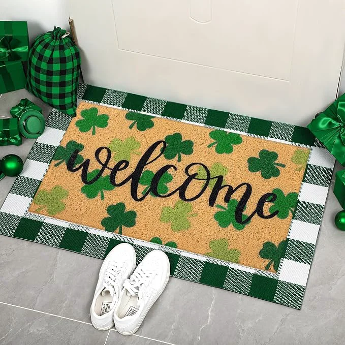 Unique Tinideya 2 Pcs St. Patrick Day Door Mat Welcome Non Slip Coir Mats Clover Environmentally Friendly