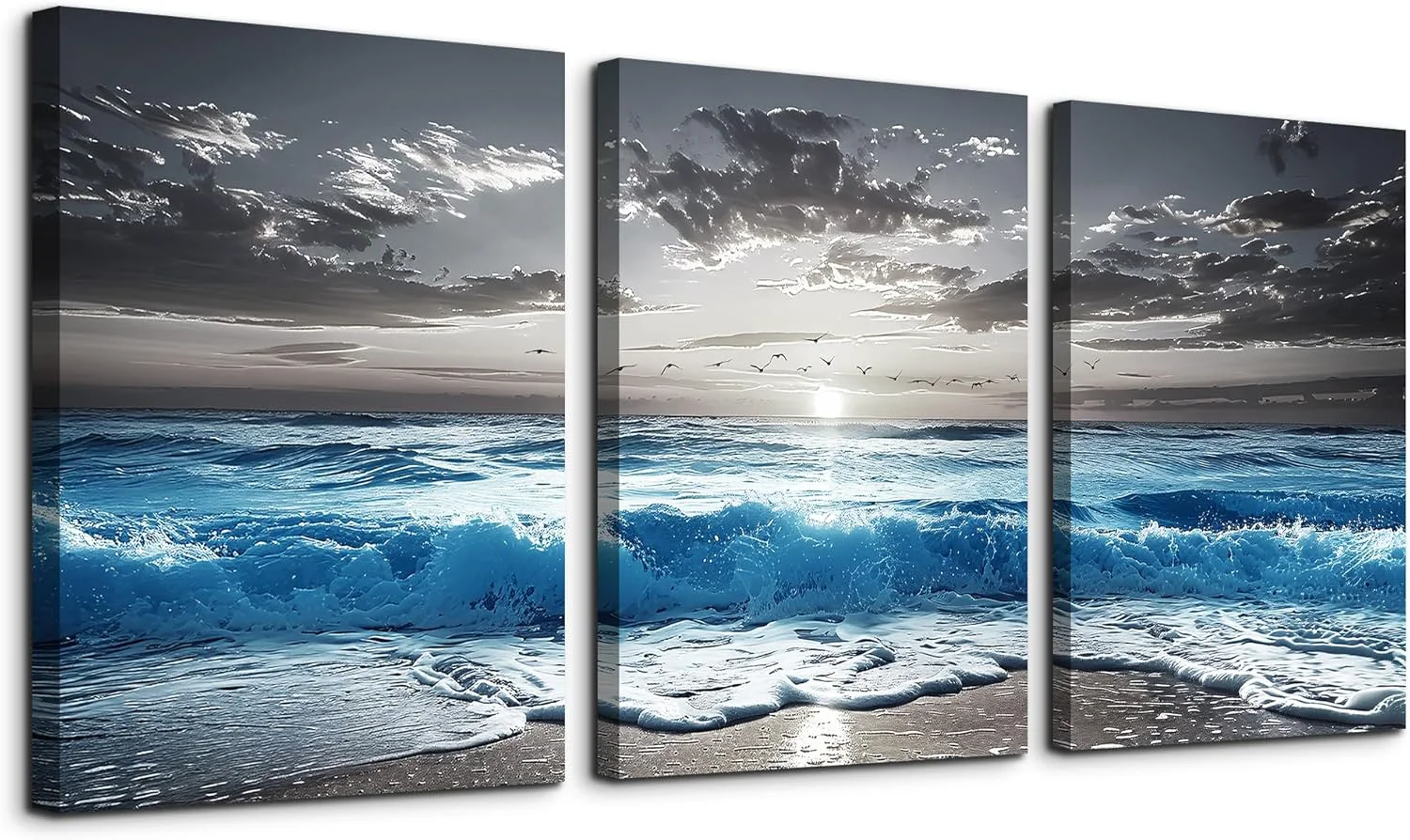 Convenient TTHYUEWS Black And White Beach Wall Pictures Wall Decor For Living Room Canvas Wall Art For Bedroom Office Decorations Blue Sea Wave Ocean Paintings Artworks Canvas Art Modern Home Decor 3 Pieces Innovative