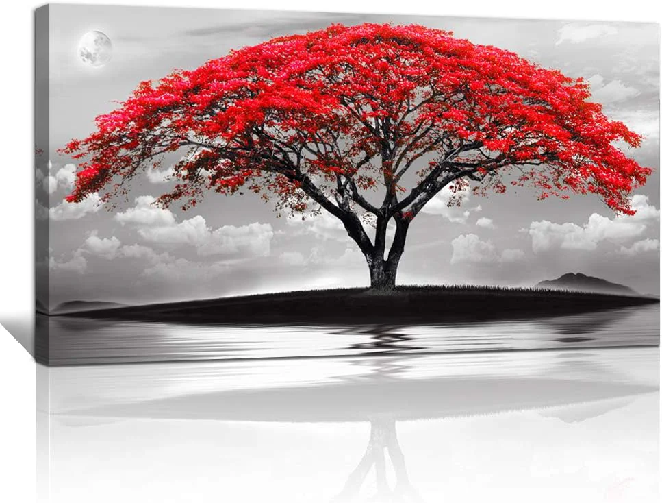 Advanced canvas wall art for living room bathroom Wall Decor Black and white landscape red tree moon scenery Hang painting Home Decorations for office bedroom kitchen Works canvas Prints pictures 24 x 48 inch Minimalist