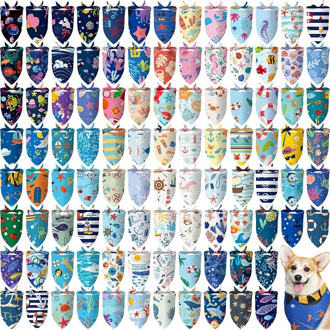 Carefully Designed 100 Pcs Ocean Dog Bandanas Bulk Pet Bibs Colorful Triangle Pet Ocean Scarf Crafted