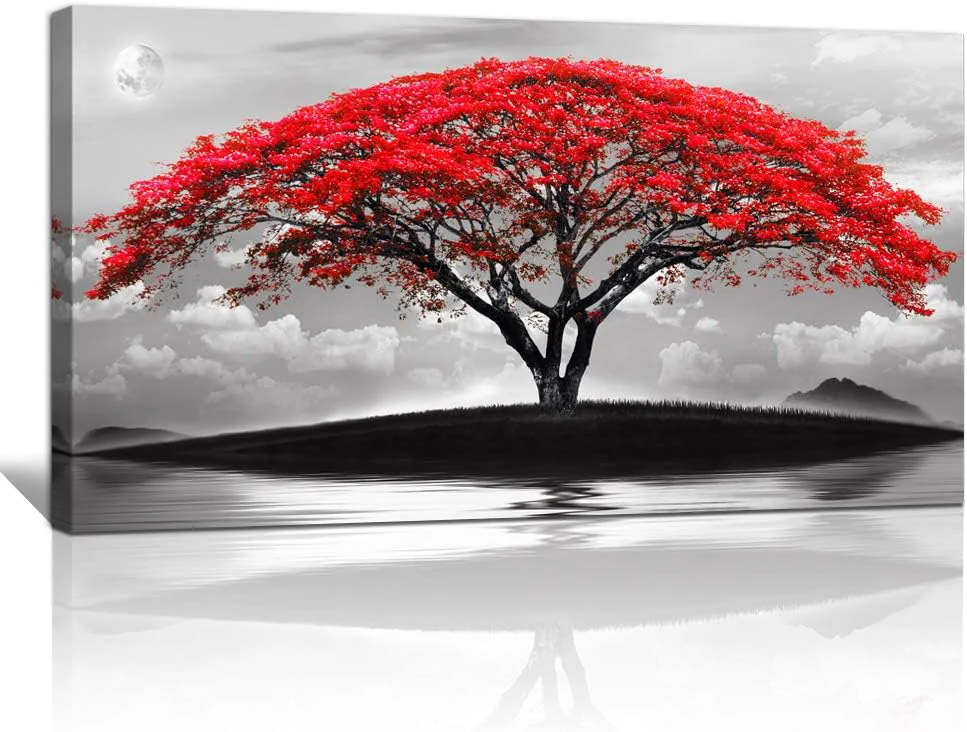Natural canvas wall art for living room bathroom Wall Decor Black and white landscape red tree moon scenery Hang painting Home Decorations for office bedroom kitchen Works canvas Prints pictures 20 x 40 inch Long-Lasting