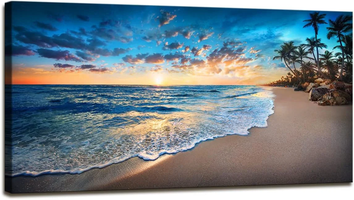 Lightweight Jiuqinghua Canvas Prints Wall Art Blue Beach Ocean Landscape Paintings 1 panel Sunset Sea Waves Wall Decor Pictures Stretched and Framed for Living Room Bedroom and Office Decor Artwork 30x60inch Clean