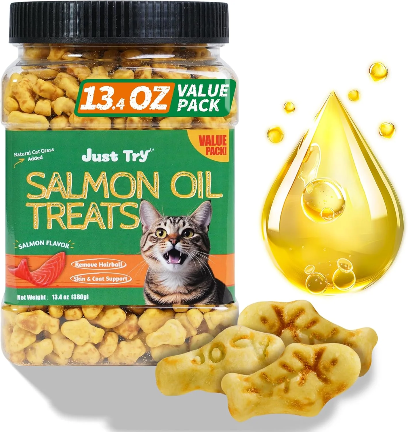 Authentic Just Try 13.4 0Z Cat Grass Treats Salmon Oil Natural Salmon Kitten Healthy Cat Treats Training Biscuits Snacks Fish Oil Omega 3 Supplements for Cats Joint Support Skin Coat Health Convenient