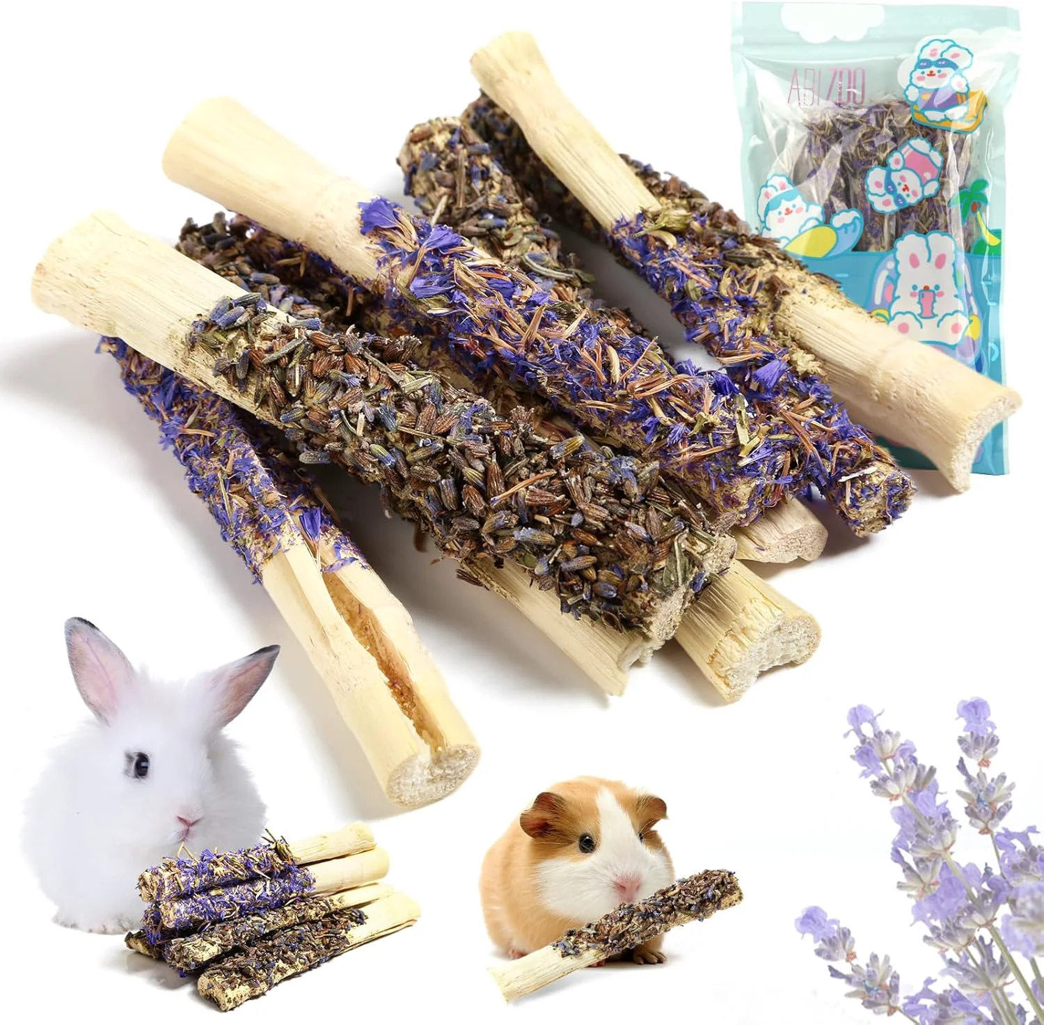 Top-Quality Abizoo Sweet Bamboo Rabbit Chew Sticks Treats and Toys 8Pcs Natural Hay with Forget-Me-Not Lavender for Bunny Guinea Pig Chinchilla Dental Care Detailed