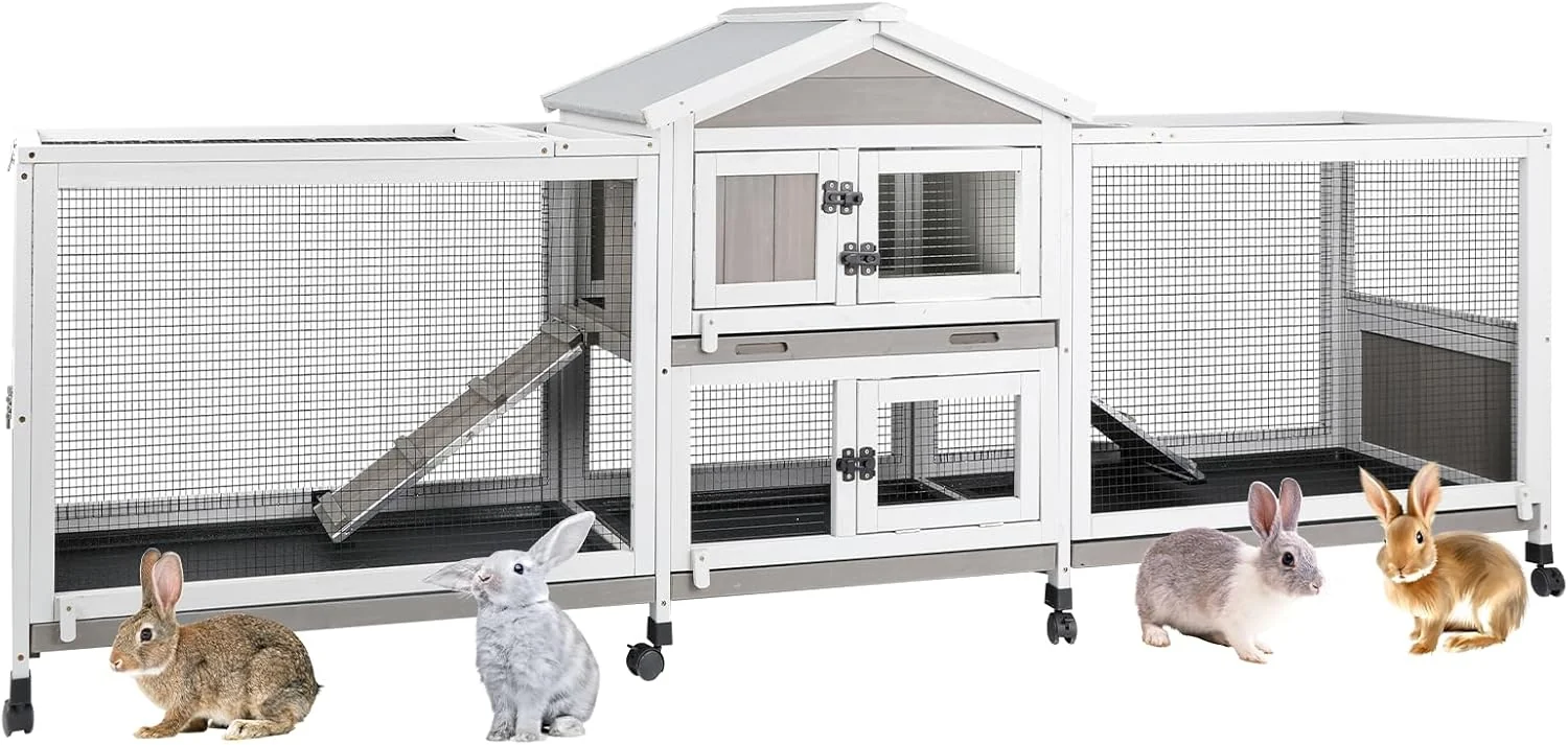 Expertly Made 2-Tier Rabbit Hutch with Wheels Indoor Outdoor Small Animal Cage with Deep Pull-Out Tray Anti-Chew Frame Habitat for Bunny Guinea Pig Chinchilla 93 L x 19 W x 35 H Official