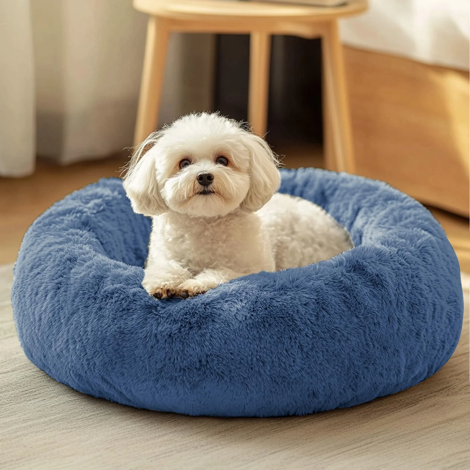 Professional JOLLYVOGUE Calming Donut Pet Bed – 23-inch Plush Faux Fur for Small Medium Dogs Cats Recyclable