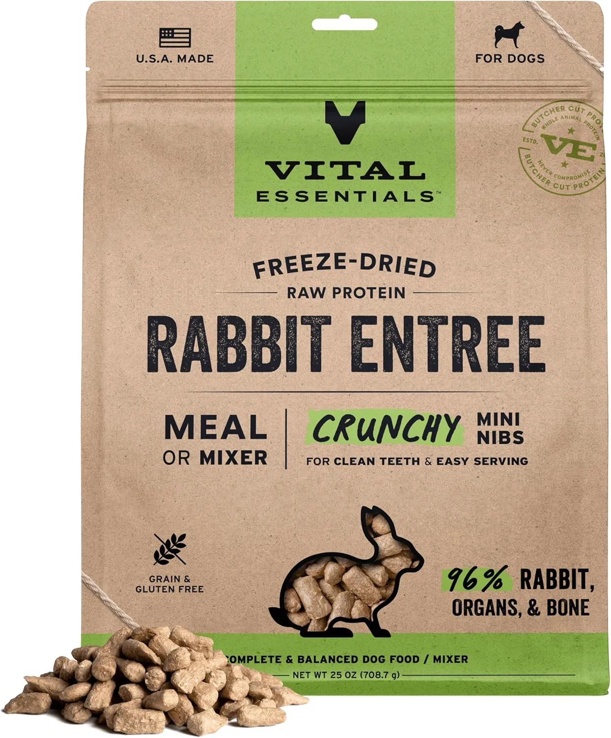 Certified Vital Essentials ze-Dried Raw Rabbit Meal or Mixer Dog Food Crunchy Mini Nibs 25 oz Eco-Friendly