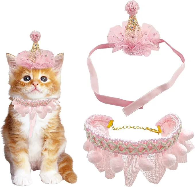 High-Performance Birthday Hat Scarf Set for Pet Puppy Cat Cute Lace Bandana Bib Scarf Crown Hat Genuine