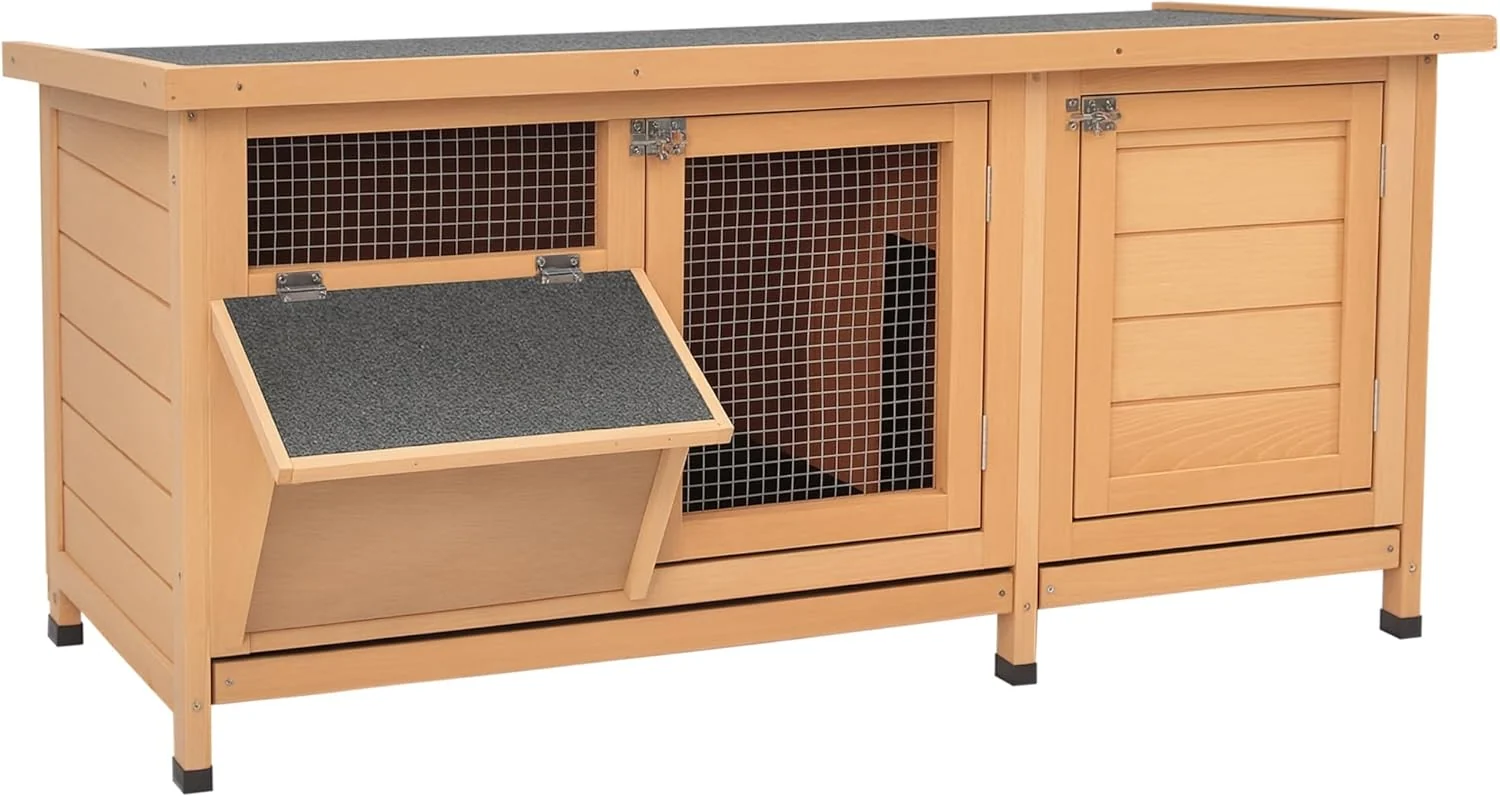 Classic PawHut Wooden Rabbit Hutch Bunny Hutch Cage Guinea Pig with Waterproof Roof No Leak Tray and Feeding Trough Indoor Outdoor Natural Reliable