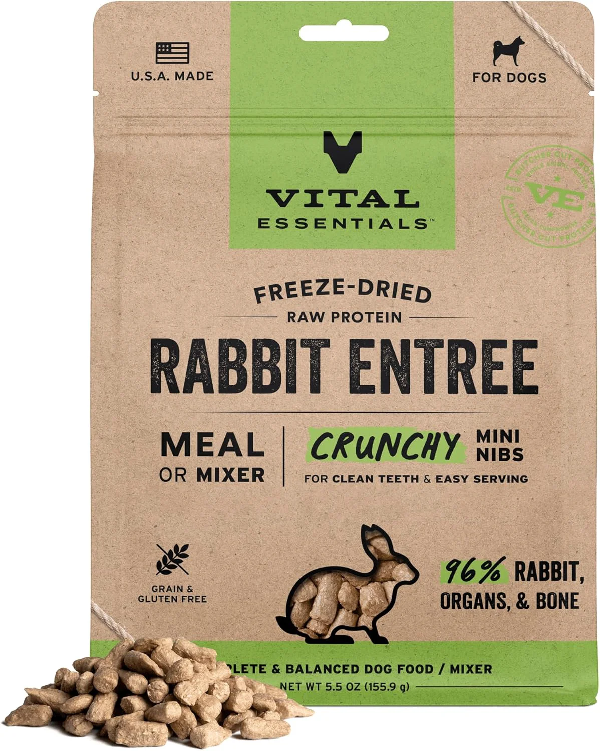High-Performance Vital Essentials ze-Dried Raw Rabbit Meal or Mixer Dog Food Crunchy Mini Nibs 5.5 oz Classic