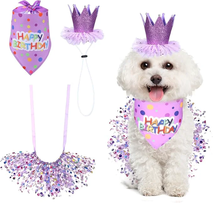 Casual Dog Birthday Bandana with Hat and Dress Girl Set Dog Birthday Hat Bandana Girl Smooth