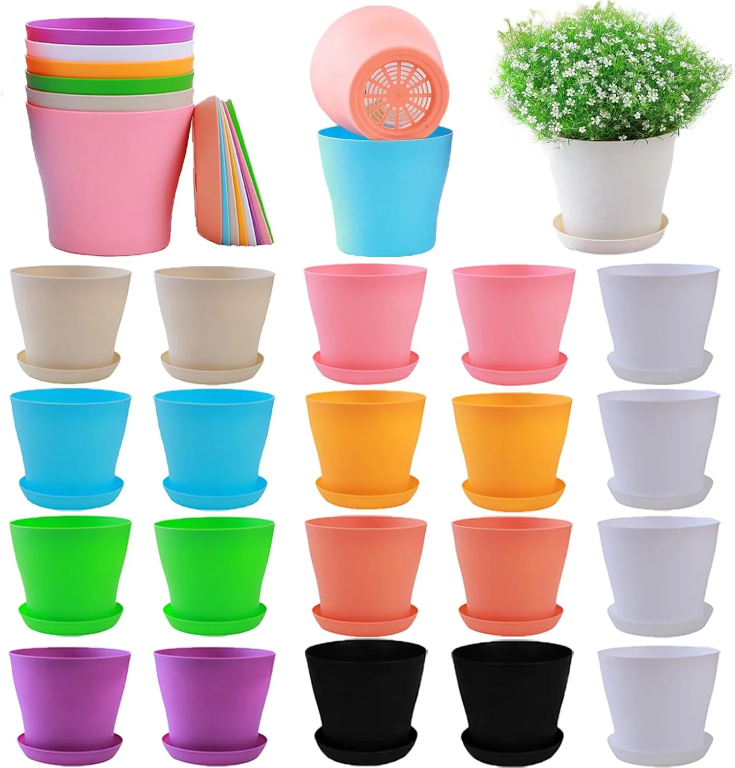 Verified 20 Pack 7 Inch Plant Pots Bulk Small Plastic Planters Pots with Drainage Holes Flower Pot for Succulent Cactus Herb African Violet Official