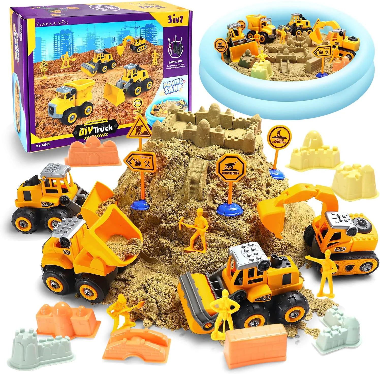 Verified Play Construction Sand Kit 2.2lbs Sand W 4 Large Take Apart Construction Trucks 1 Sandbox 8 Worker Figures and Road Signs 8 Molds Toys for 2-8 Years Old Boys Girls Innovative