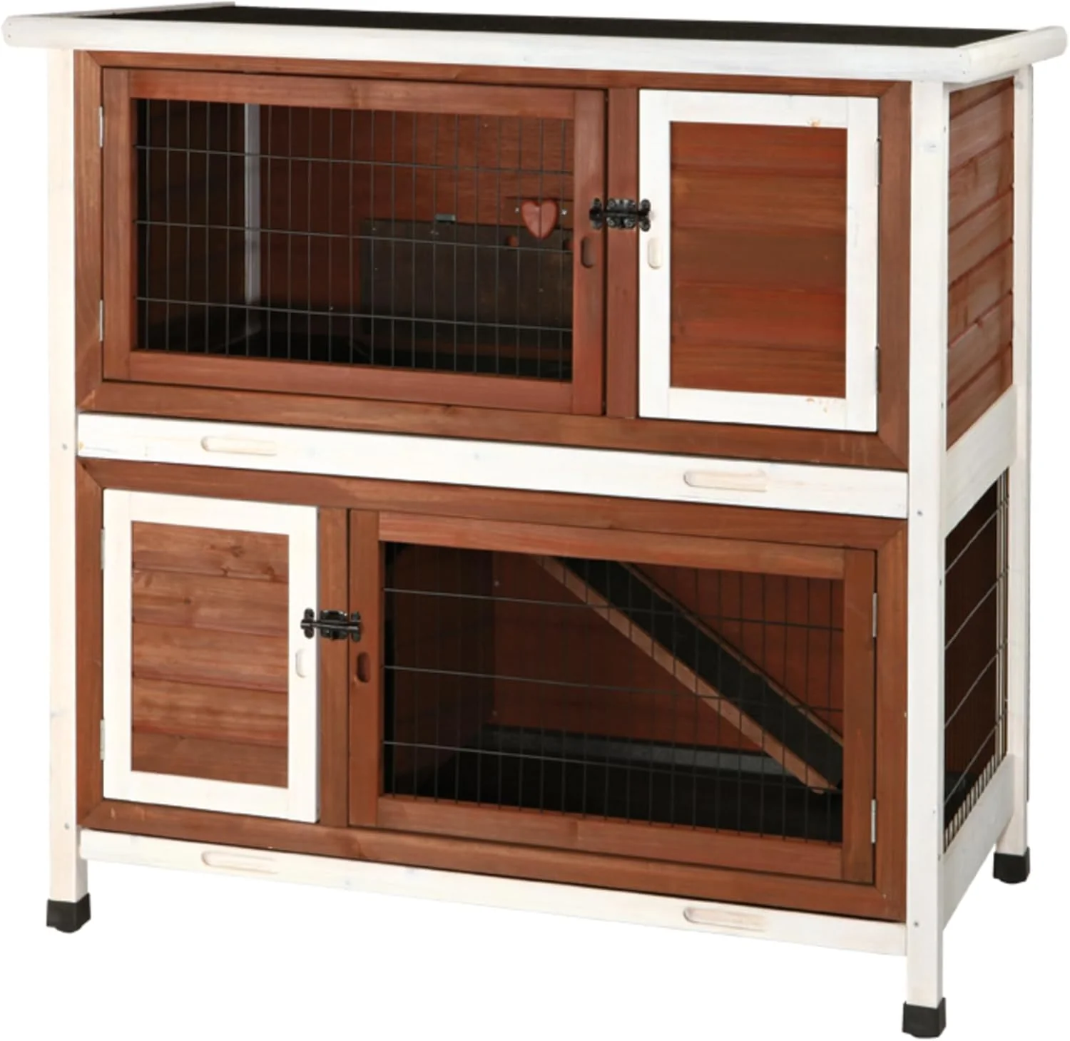 Lightweight TRIXIE natura Outdoor Double Rabbit Hutch - Indoor Small Animal House Bunny Cage with Two Sleeping Play Areas - Includes a Non-Slip Ramp Hinged Roof Two Pull-Out Trays - in Auburn Functional
