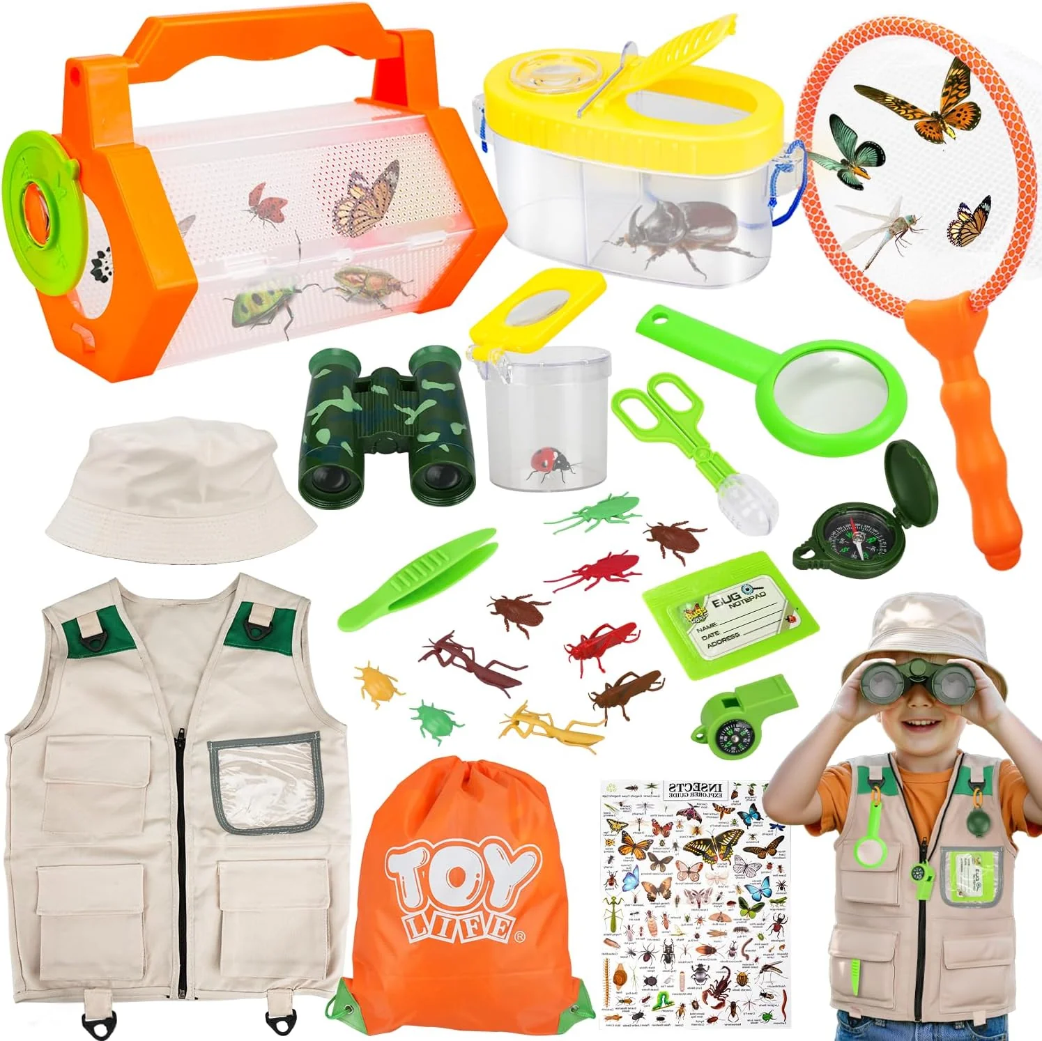 Minimalist TOY Life Kids Explorer Bug Catcher Kit with Safari Costume Binoculars Kids Outdoor Toys Bug Toys Butterfly Net Camping Set Outdoor Activities Adventure Kit Nature Exploration Gifts Kid Ages 3-12 Durable
