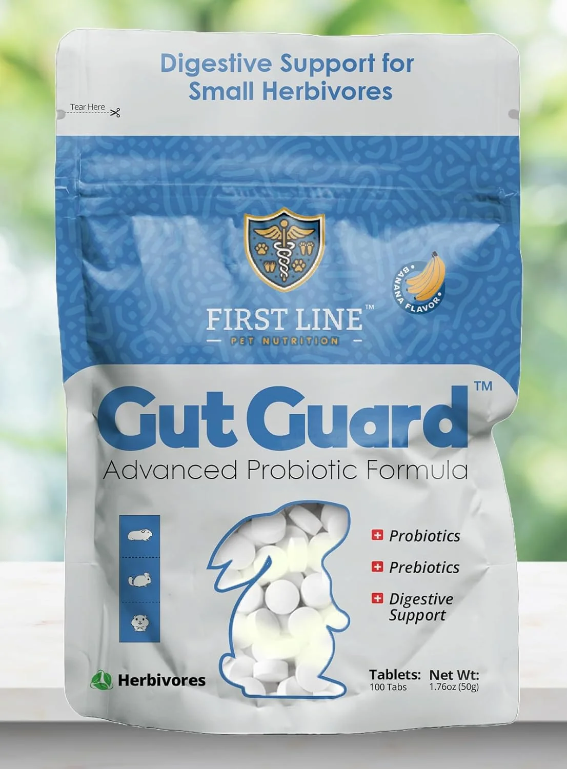 Natural Gut Guard™ – Advanced Probiotic Formula for Herbivores 100 Tablets Banana Flavor Rabbits Guinea Pigs Chinchillas Hamsters Responsible