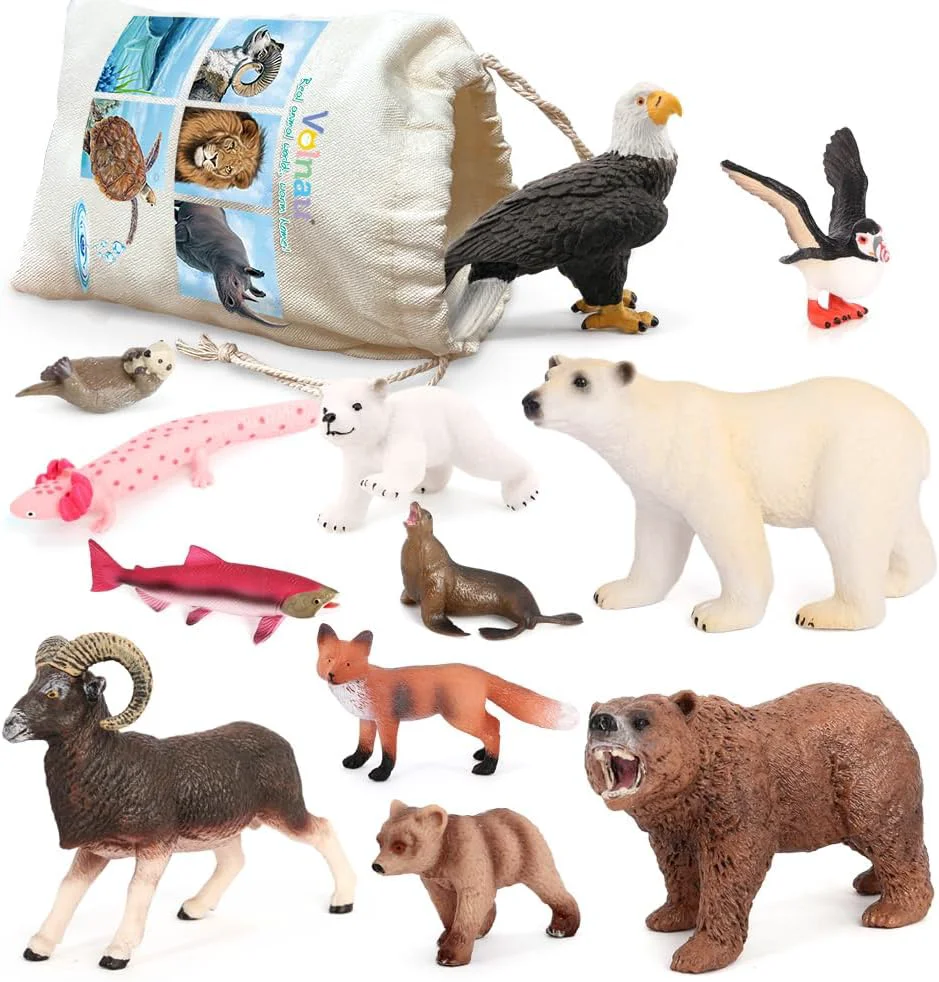 Minimalist Volnau Safari Animal Figurines Toys 12PCS North America Figures Zoo Pack for Toddlers Kids Christmas Decoration Gift Preschool Educational Bald Eagle Bear Salmon Salamander Jungle Forest Cake Topper Flexible