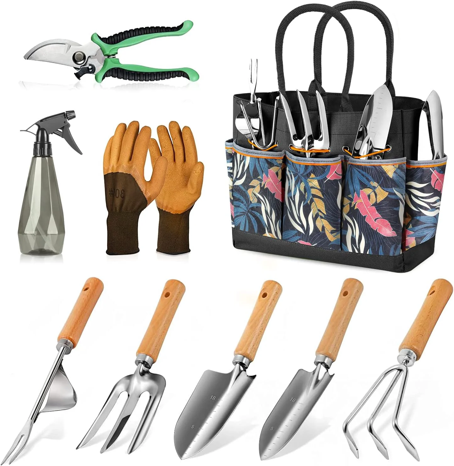 Casual Gardening Tools 9-Piece Heavy Duty Garden Hand Tools with Fashion and Durable Garden Tools Organizer Handbag Rust-Proof Garden Tool Set I Gardening Gifts for Women Minimalist