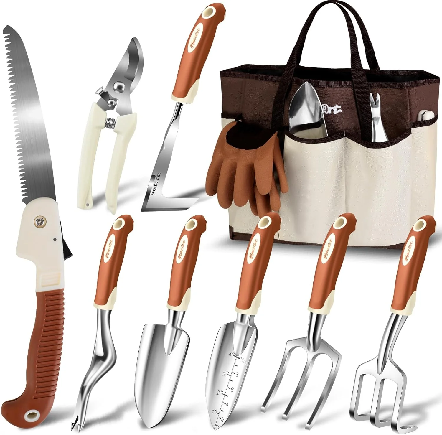 Modern MelonArt Garden Tool Set 10 Pcs Heavy Duty Gardening Hand Tool Kit for Women Aluminum with Non Slip Ergonomic Handle Storage Tote Bag and Gardening Gloves I Gifts for Women and Men Comfortable
