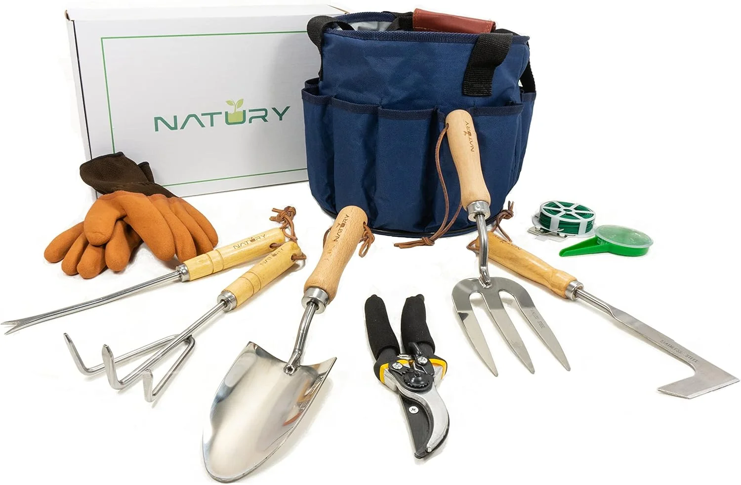 Exclusive Garden Tools Set – Premium Stainless Steel Gardening Hand Tools with Solid Beechwood Handle – Gardening Kit with Rake Shovel Gloves Shears Tool Organizer – Garden Gifts for Women and Men Stylish