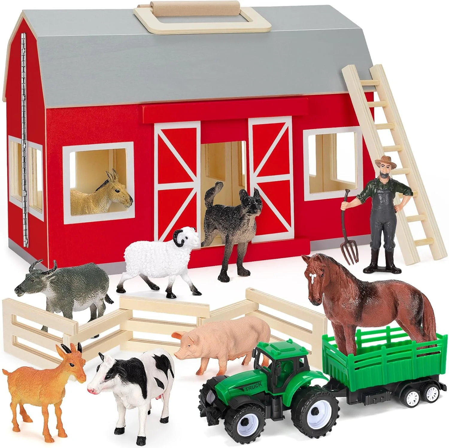 Original Design YEEBAY Farm Animals Toys for 3 Year Old Kids Toddlers Girls Boys Large Wooden Barn with Animal Play Figures Farm Playset Educational Learning Toys I Christmas Birthday Gifts Traditional