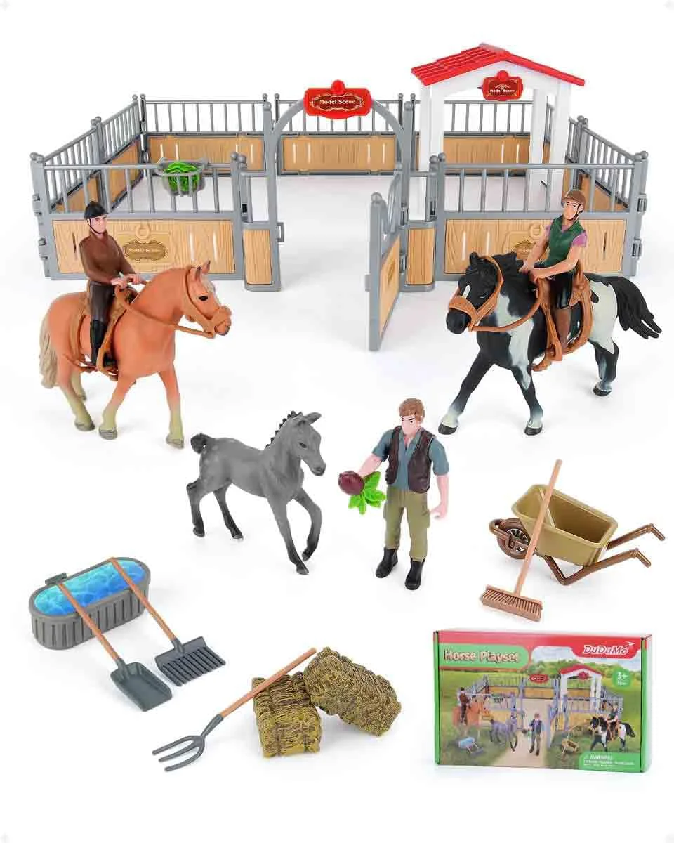 Specialty Horse Stable Playset Horse Gifts for Girls and Boys with 3 Horses and 2 Riders Horse Toys Set Farm Animals Toys for Kids 3 4 5 6 7 8 New Model Green Premium Material