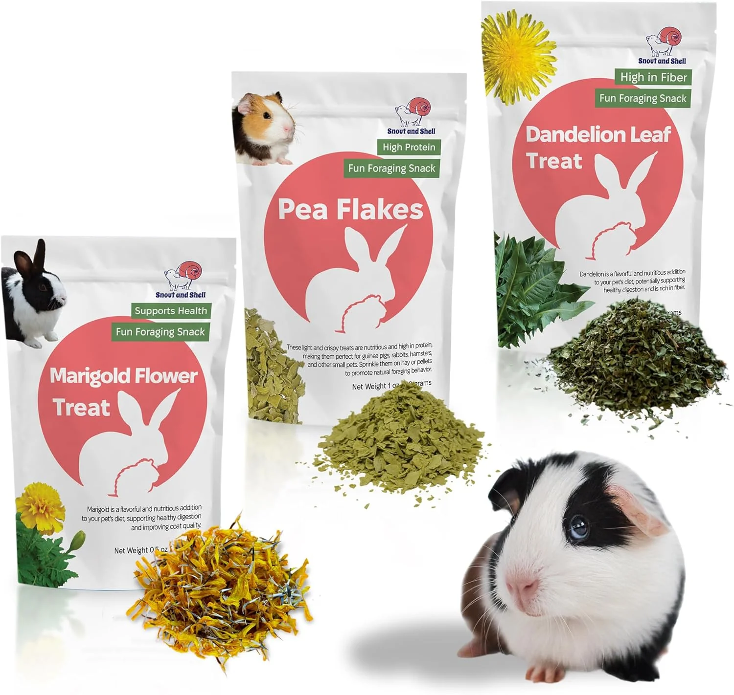 Relaxed Snout and Shell Small Animal Treats – Pea Flakes Dandelion Leaf 1oz Marigold Flowers 0.5oz – Natural Foraging Snacks for Rabbits Guinea Pigs Chinchillas Hamsters More Fine Crafted