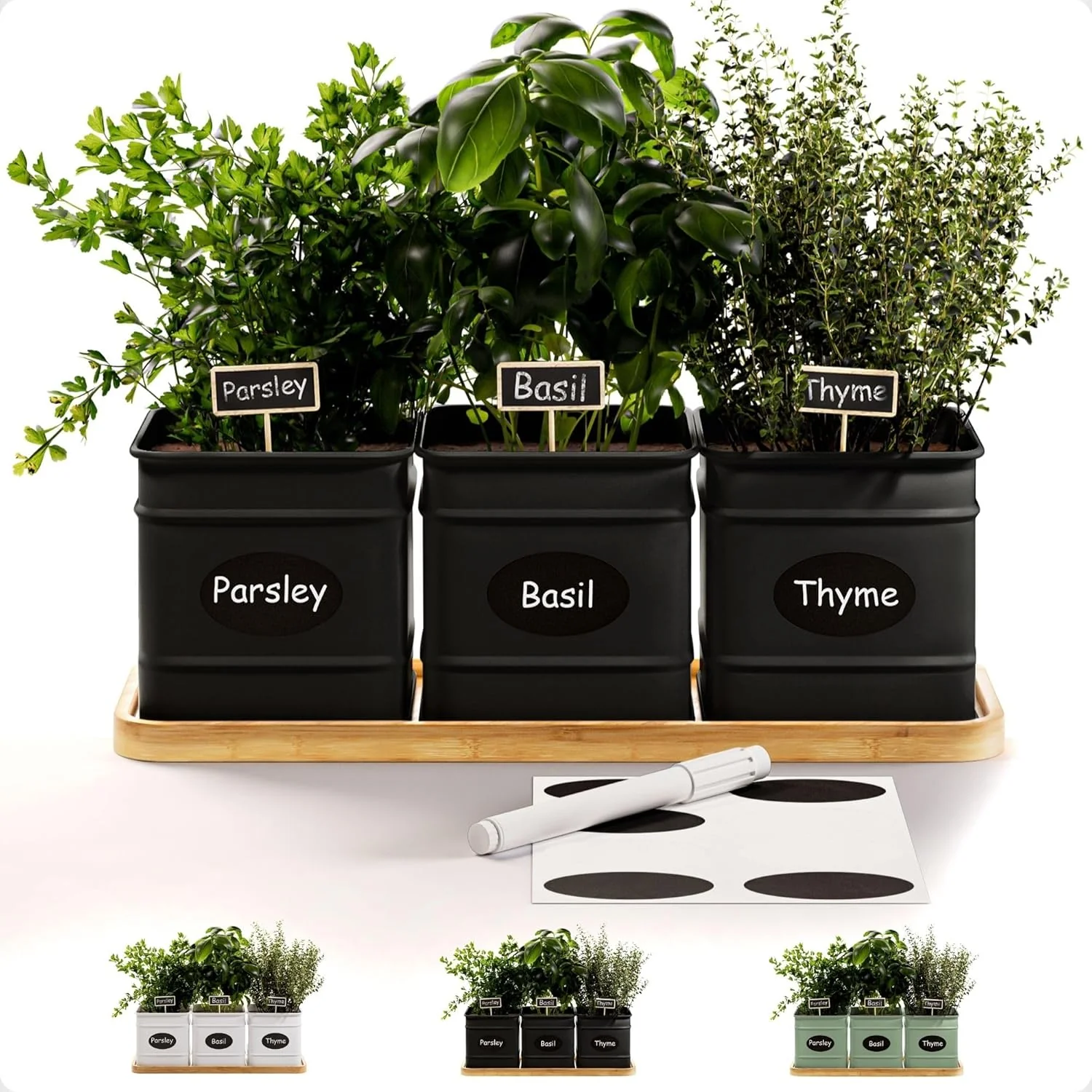 Powerful Herb Planter Indoor - 3 Iron Herb Pots with Drainage Holes Varnished Bamboo Tray Customizable Labels Marker Pen - Indoor Herb Garden Planter - 3 Pots for Herbs - Inside Spice Garden - Basil Pot Refined