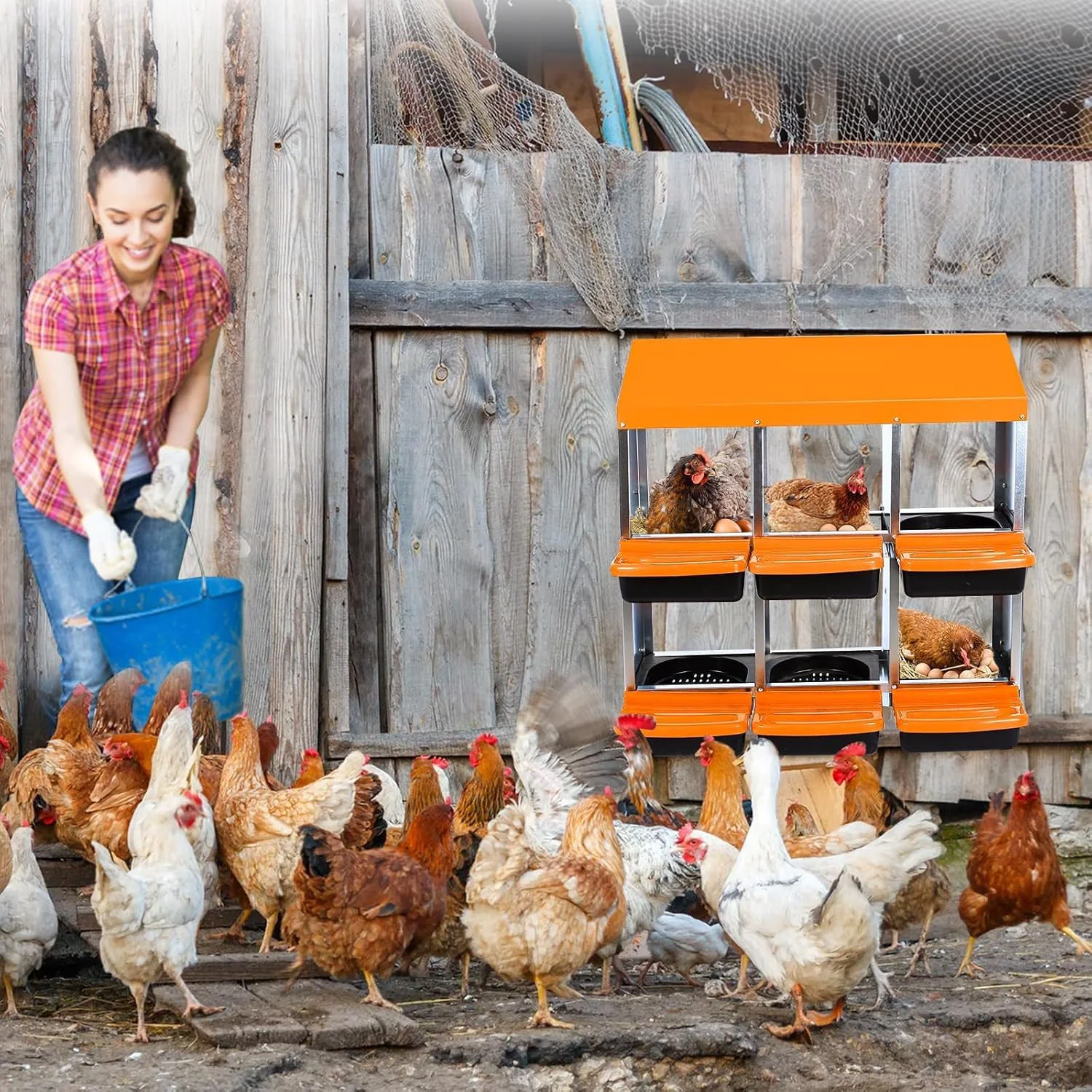 Environmentally Friendly Chicken Nesting Boxes 6 Hole Metal Chicken Laying Box with with Removable Trays and Roll Out Egg Collection for Chicken Coop Orange Superior