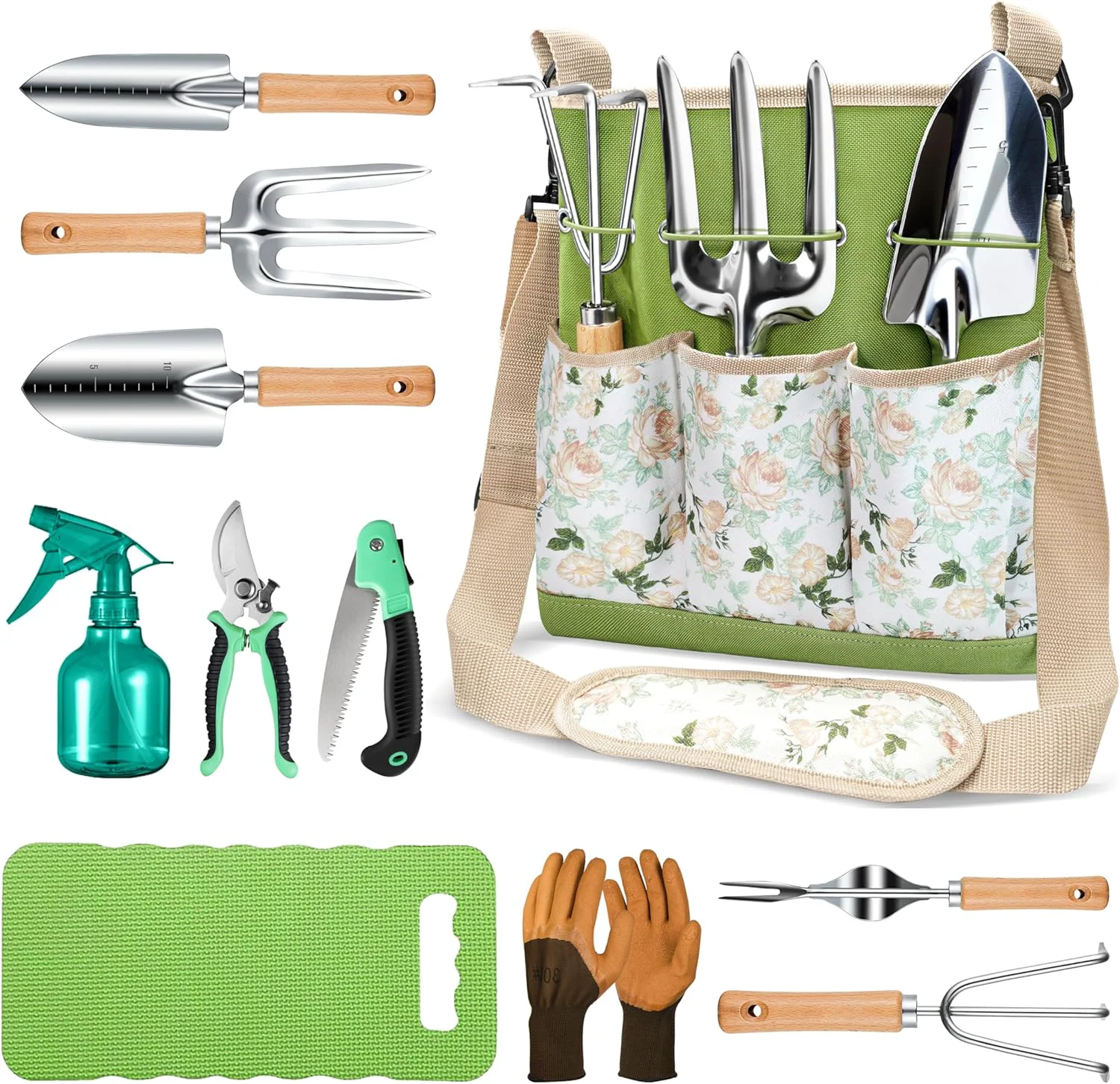 Secure All-in-One Garden Tool Set 11-Piece Heavy Duty Gardening Tools with Ergonomic Canvas Shoulder Crossbody Bag Rust-Proof Premium Garden Tool Kit Gardening Gift for Women Men Green GR003 Elegant