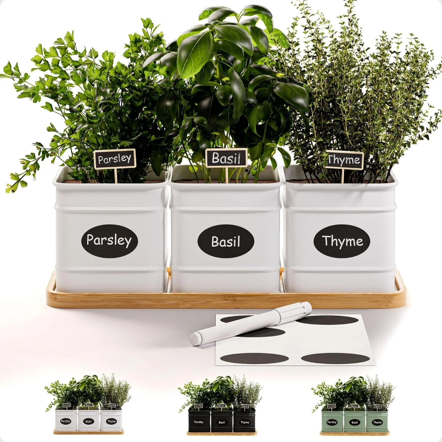 Green Herb Planter Indoor - 3 Iron Herb Pots with Drainage Holes Varnished Bamboo Tray Customizable Labels Marker Pen - Indoor Herb Garden Planter - 3 Pots for Herbs - Inside Spice Garden - Basil Pot Superior