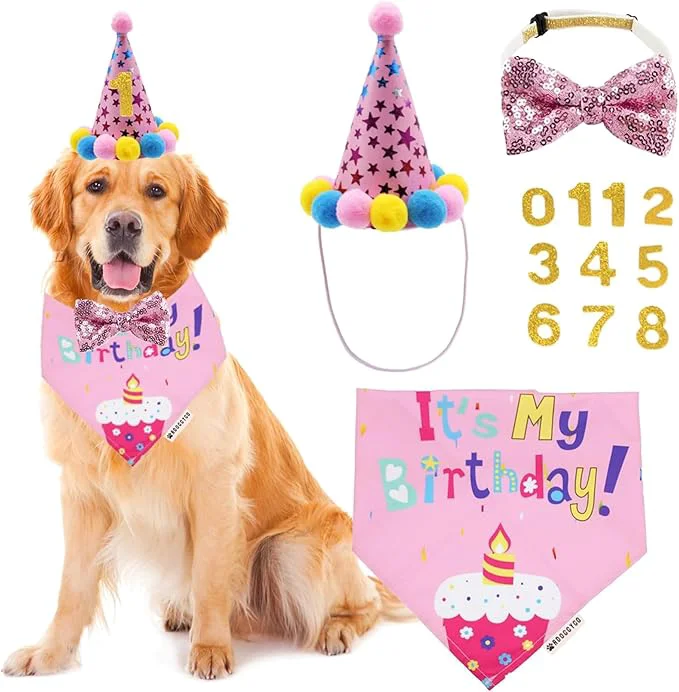 Official ADOGGYGO Dog Birthday Bandana Scarf and Dog Girl Birthday Party Hat Breathable