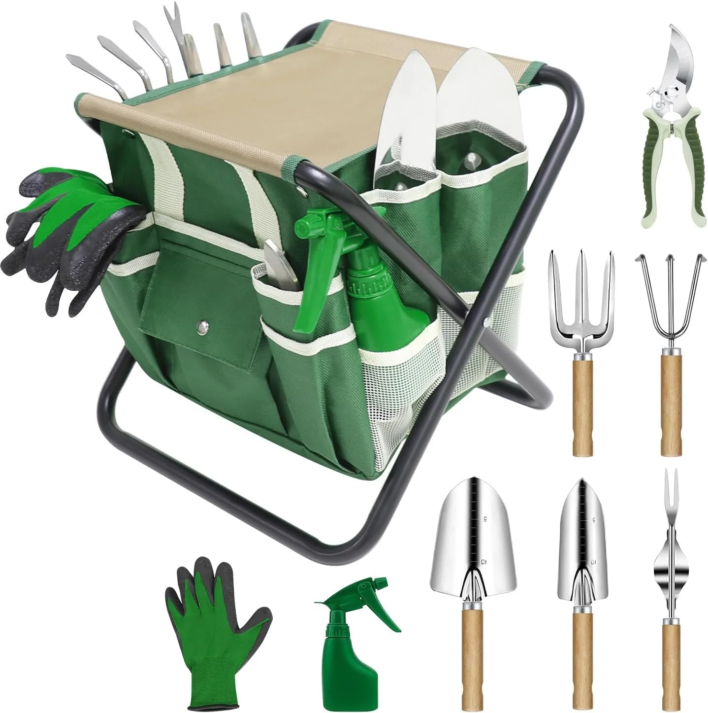 Proven Garden Tool Set 10 Piece Kit with Heavy Duty Folding Stool Detachable Storage Tote Bag Stainless Steel Tools Gifts for Women Men Green Convenient