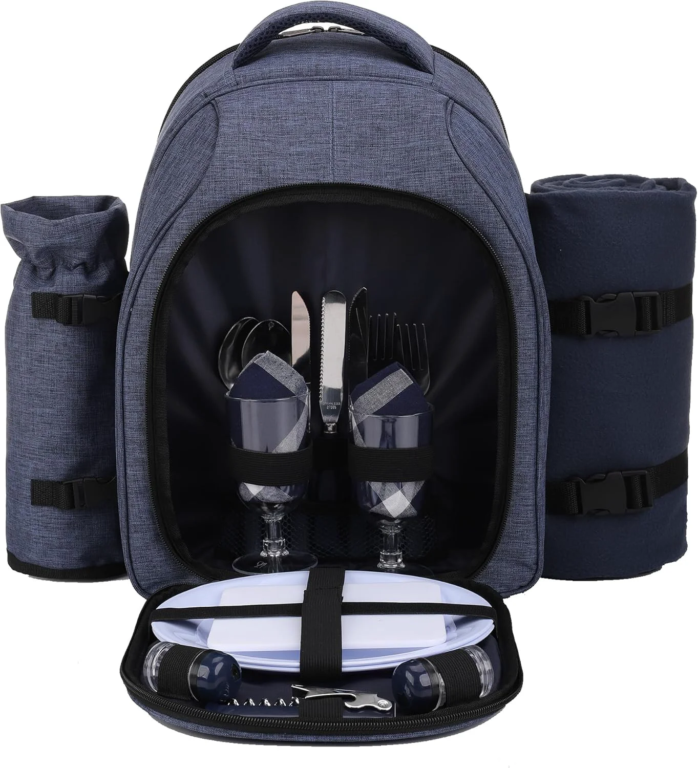 Pure Apollo Walker Picnic Backpack Bag for 2 Person with Cooler Compartment Detachable Bottle Wine Holder Fleece Blanket Plates and Cutlery Set 2 Person Navy High-Grade