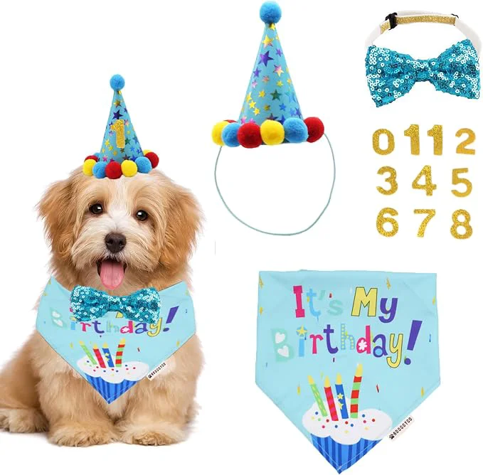 Efficient ADOGGYGO Dog Birthday Bandana Scarf and Blue Boy Puppy Birthday Party Hat Superior