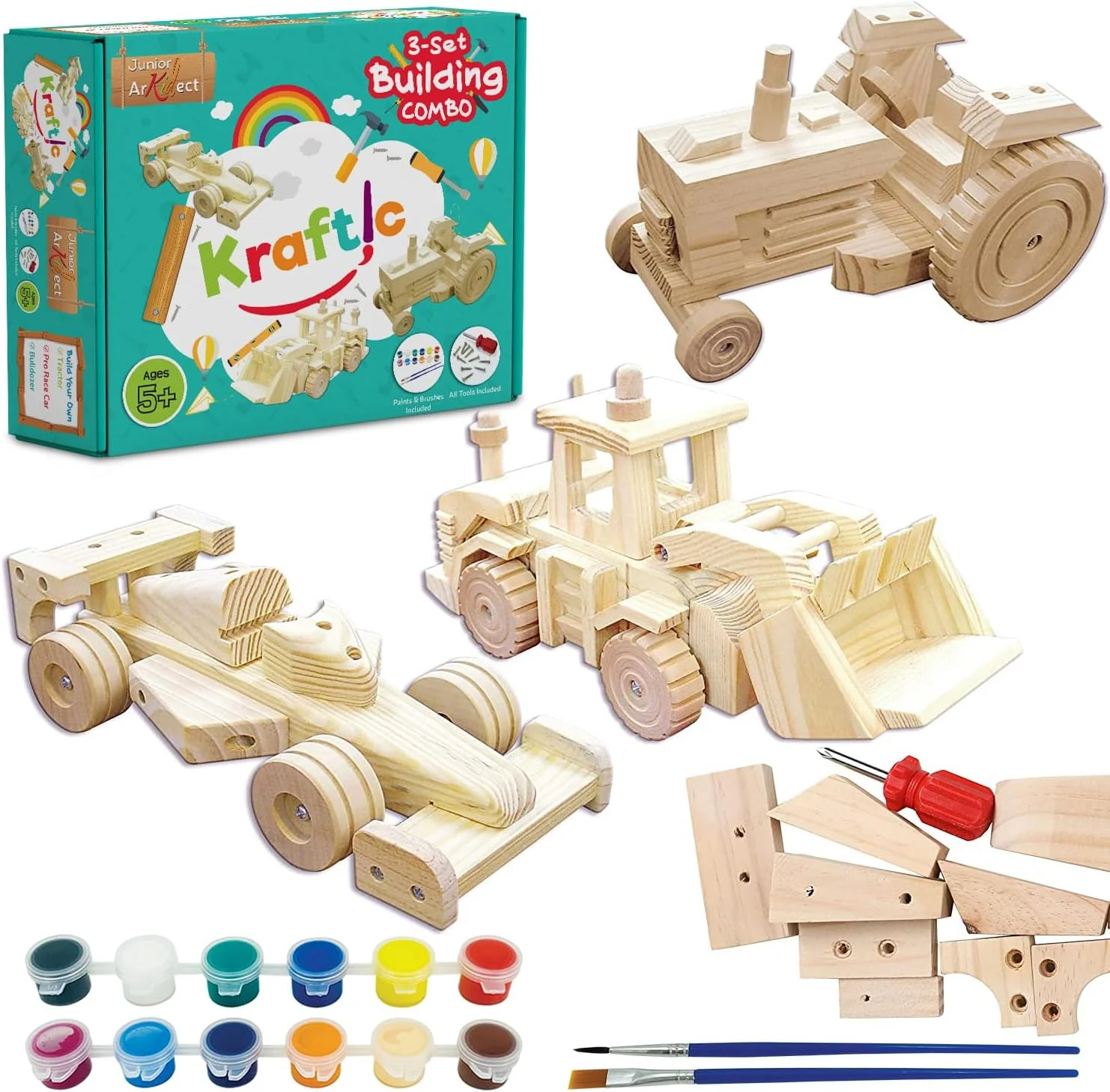 Luxury Kraftic Woodworking Building Kit for Kids with 3 Educational DIY Carpentry Construction Wood Model Kit Toy Projects for Boys and Girls- Tractor Bulldozer and Racing Car Modern