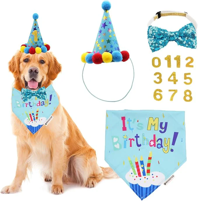 High-End ADOGGYGO Dog Birthday Bandana Scarf and Blue Boy Pet Birthday Party Hat Detailed