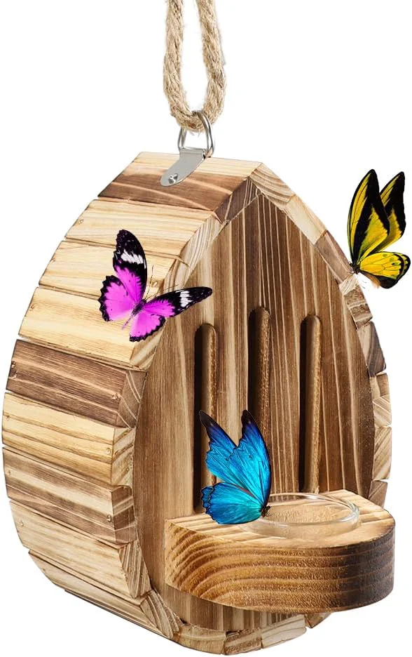 Long-Lasting Picowe Wooden Butterfly House - Natural Habitat Nesting Box With Feeder for Butterflies Bees Ladybirds - Hanging Garden House for Outside Open Door Smooth