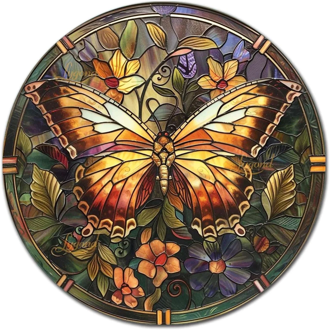 Optimized Lygond Metal Sign Tin Sign Circular Stained Glass Butterfly Funny Bathroom Decor for Garage 8×8 Inches Artisan