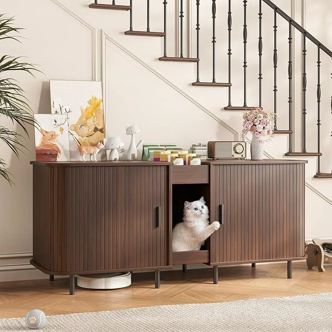 Efficient Double Litter Box Enclosure for 2 Cats Large Indoor Cat House Organic