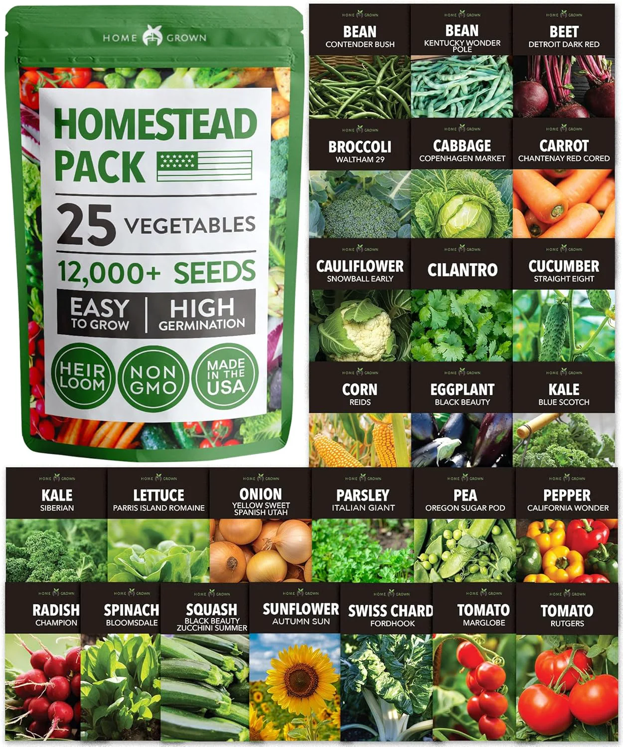 Artisan HOME GROWN 𝗨𝗦𝗔 𝗣𝗥𝗘𝗠𝗜𝗨𝗠 25 Heirloom Vegetable Seeds 12 000 𝗡𝗢𝗡-𝗚𝗠𝗢 Survival Garden Seeds Kit High Germination Tomatoes Carrots Beans Kale Peppers Giftable Indoor Outdoor Planting Set Official