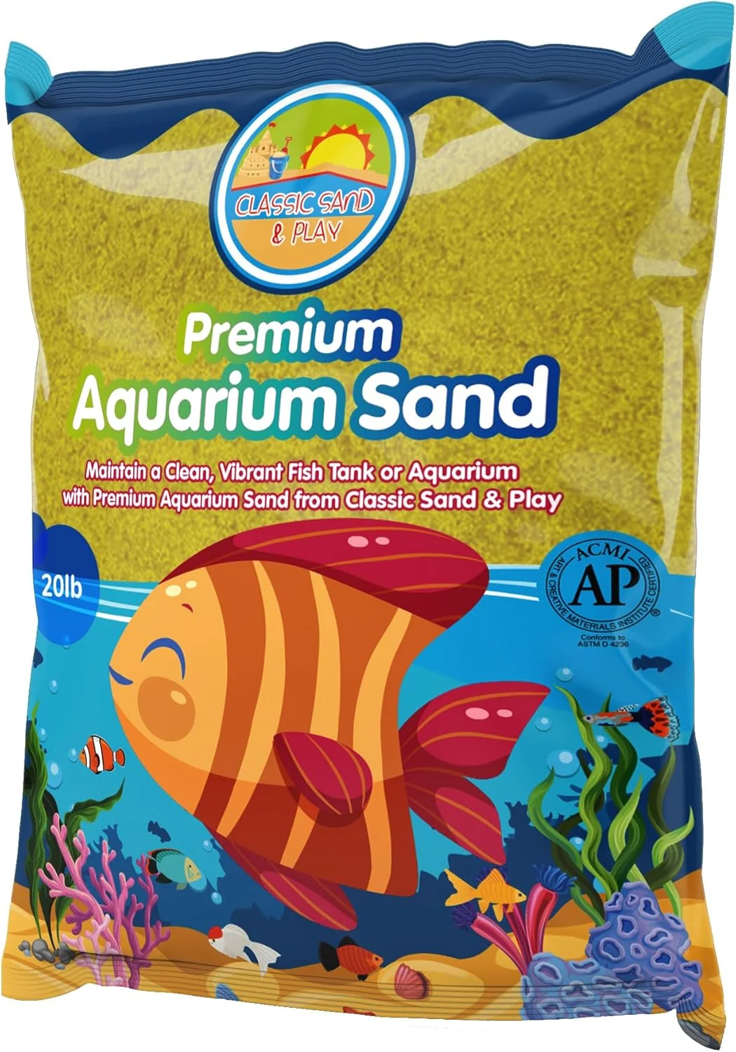Clean CLASSIC SAND PLAY Natural Aquarium Sand for Freshwater and Saltwater Tanks 20 lb. Bag Improves Filter Life and Filtration Process Pre-Washed Fine Sand Yellow Trendy