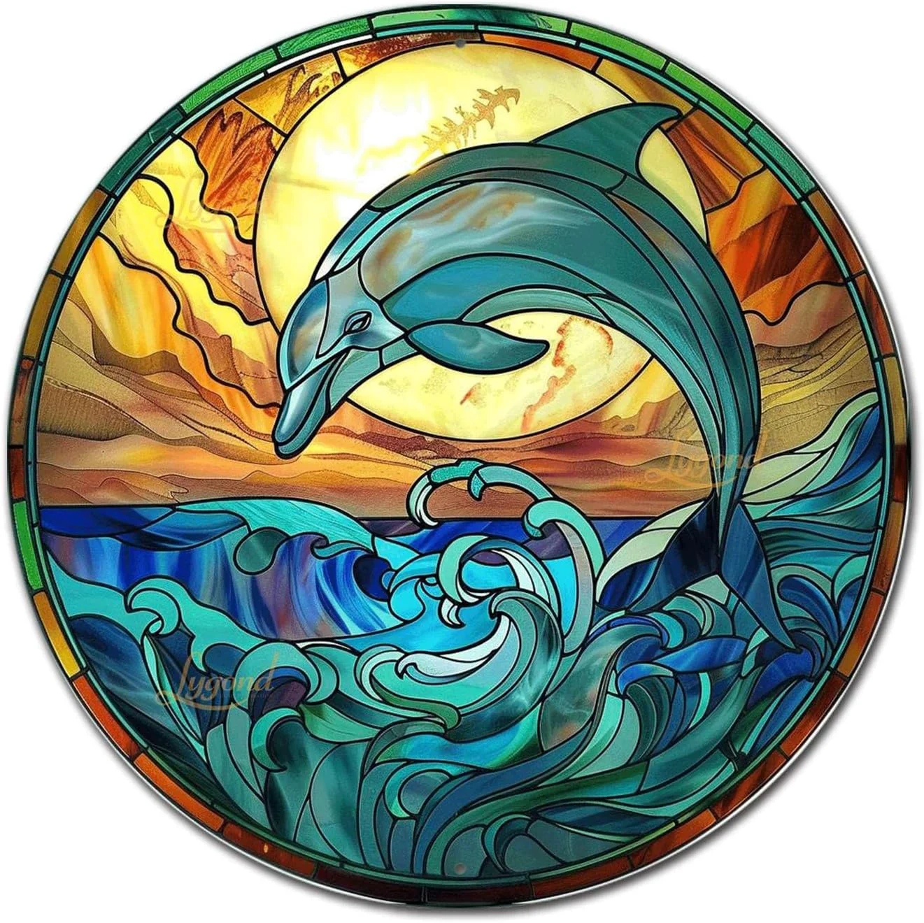 Pure Lygond Metal Sign Tin Sign Circular Stained Glass Dolphin Funny Gardening Gift for Gift 8×8 Inches Practical