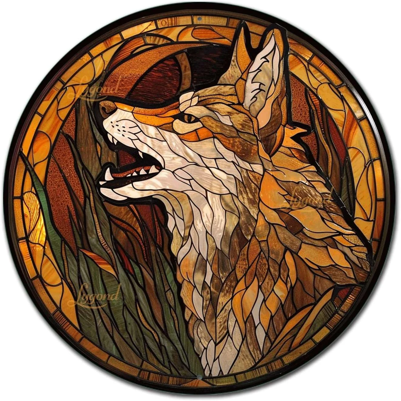 Versatile Lygond Metal Sign Tin Sign Circular Stained Glass Coyote Gardening Poster for Home Decor 8×8 Inches Top-Quality