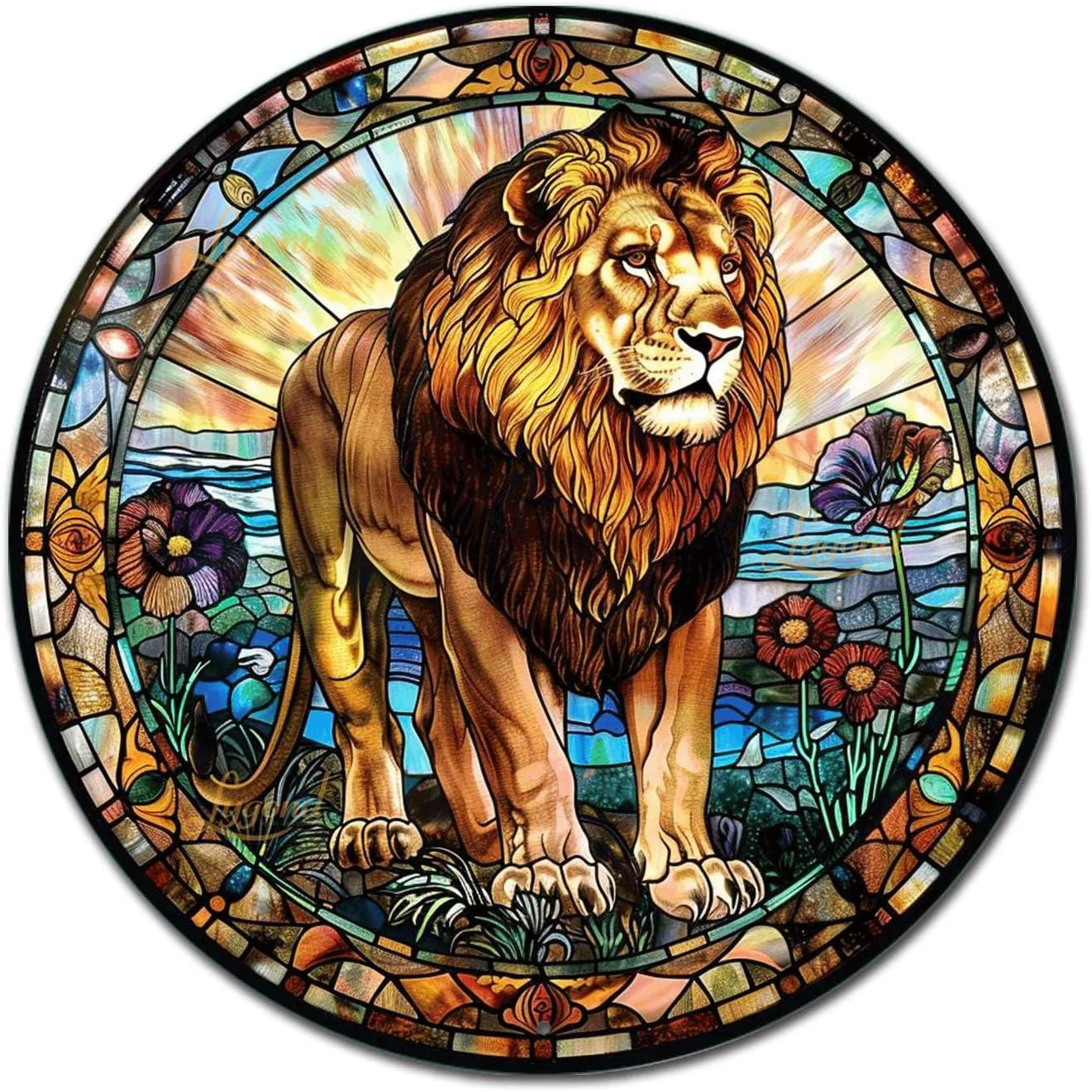 Convenient Lygond Metal Sign Tin Sign Circular Stained Glass Lion Vintage Decor for Garden 8×8 Inches Specialty