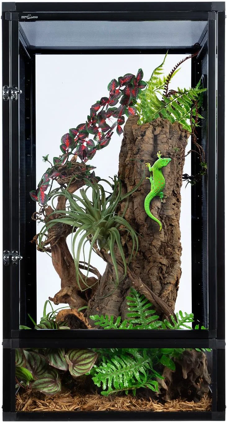 Luxury REPTI ZOO 16 x 16 x 30 Front Opening Chameleon Cage with 3-Sided Metal Mesh 33 Gallon Screen Vertical Terrarium with Background Sticker Tall Enclosure for Chameleon Tree Frog Arbo Reptiles Comfortable