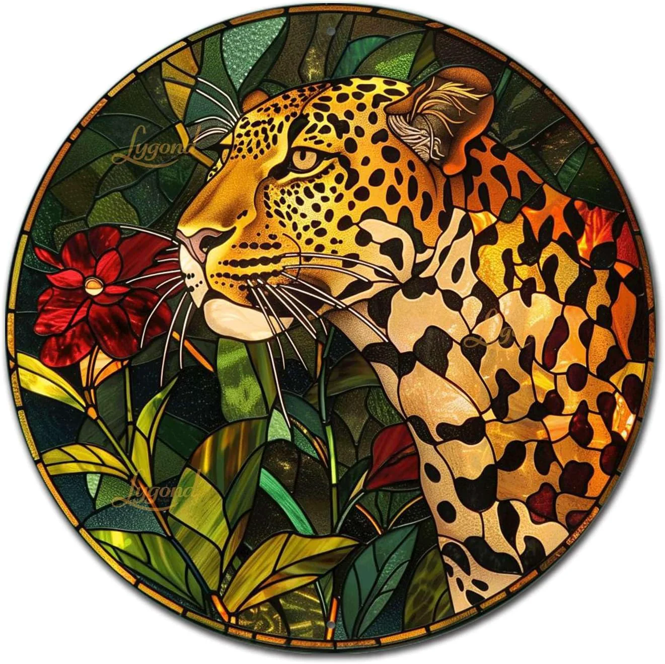 Trendy Lygond Metal Sign Tin Sign Circular Stained Glass Leopard Minimalist Wall Art for Garden 12×12 Inches Dependable